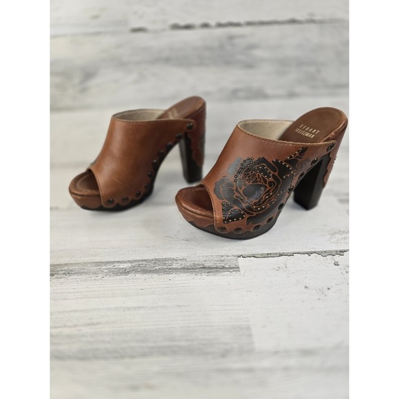 Stuart Weitzman Shoes - Stuart Weitzman Womens Tan Leather Rose Floral Studded Platform Clog Mules Spain
